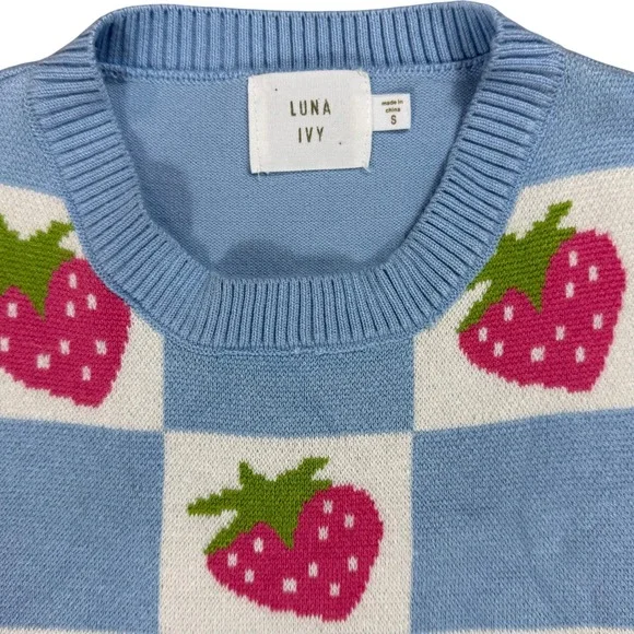 S Luna Ivy Strawberry Checkered Sweater Vest Preppy Kawaii Coquette Academia - Picture 2 of 4